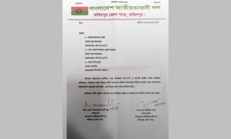 তিন নেতার বহিষ্কারাদেশ প্রত্যাহার ফরিদপুর জেলা বিএনপির চিঠি