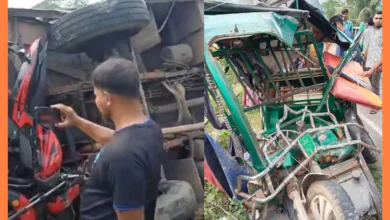 বরিশাল-পটুয়াখালী মহাসড়কে ত্রিমুখী সংঘর্ষ: বাস, ইজিবাইক ও মোটরসাইকেলের ভয়াবহ দুর্ঘটনা