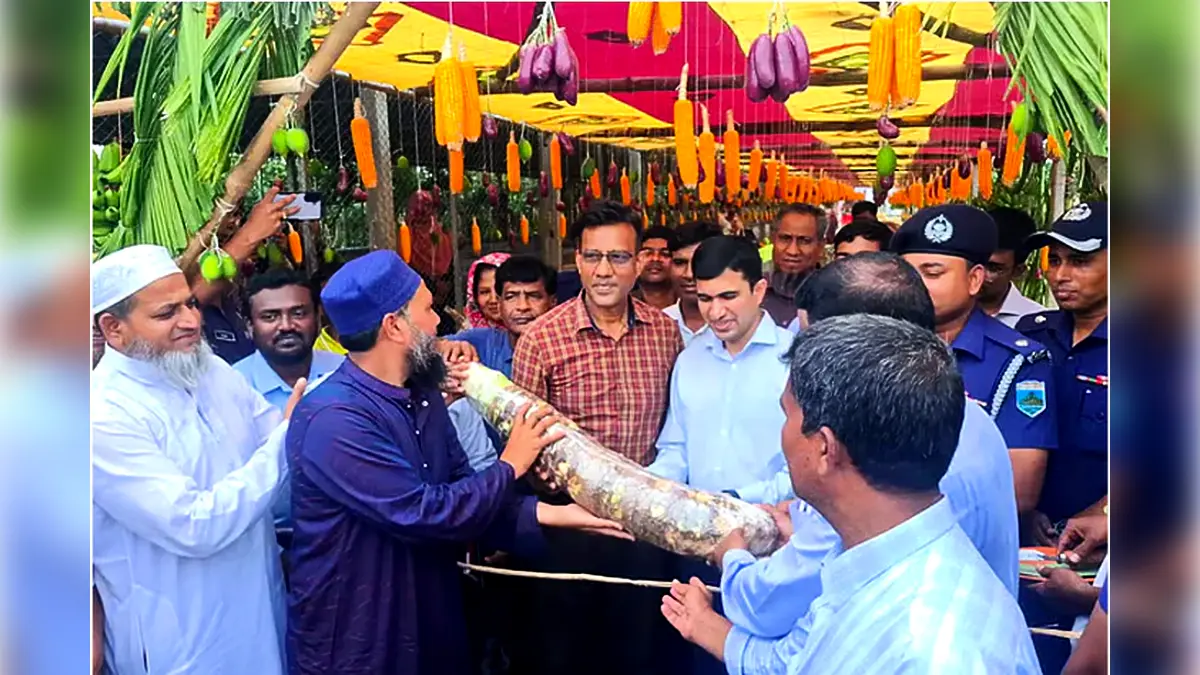 কৃষিপণ্যে সাজানো তোরণ প্রধান অতিথিকে বরণ মানকচু দিয়ে